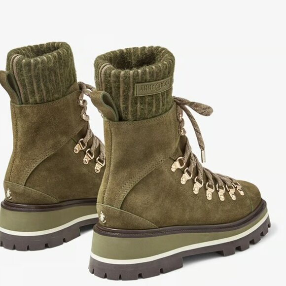 JIMMY CHOO Chike Flat Caper Green Crosta Suede Anle Boots with Knitted Sock 39 - Picture 7 of 10